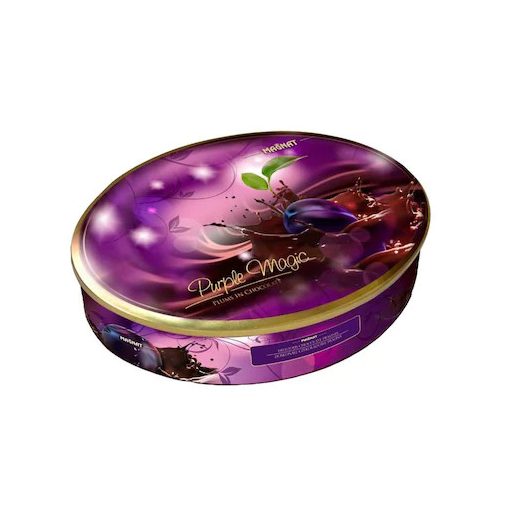 Purple Magic étcsokoládéval bevont szilva fémdobozban 150g